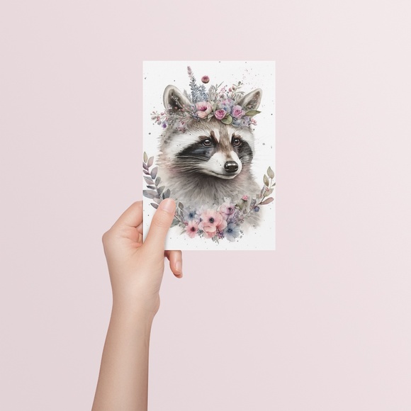 Cute Floral Raccoon Watercolor Wall Art Illustration Print Poster Unframed - Picture 5 of 6